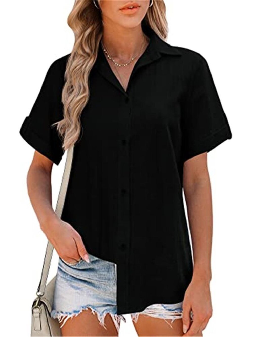 Womens Cotton Button Down Shirt Roll Tab Sleeve Casual Office Work Blouse Top
